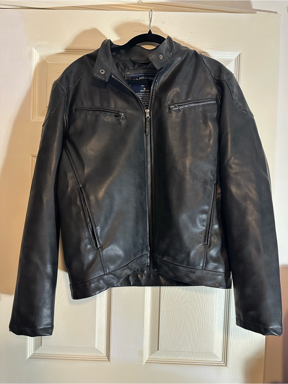 U.S. Polo Assn. Black Leather Bomber Jacket with Zip Pockets